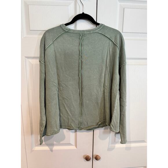 Mottoshop Heart Patchwork Long Sleeve Olive Green Distressed Crew Neck Top - Picture 8 of 8